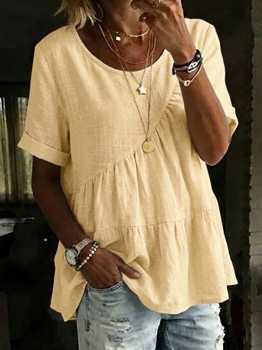 2026年 女性用 Tシャツ フェイクリネンシャツ ティートップ フリル 平織り ファッション スタイリッシュ クラシック 半袖 クルーネック レギュラートップス 日常 お出かけ 週末 ブルー ブラック ホワイト イエロー ピンク 夏 春  コレクション – $24.99 –P7