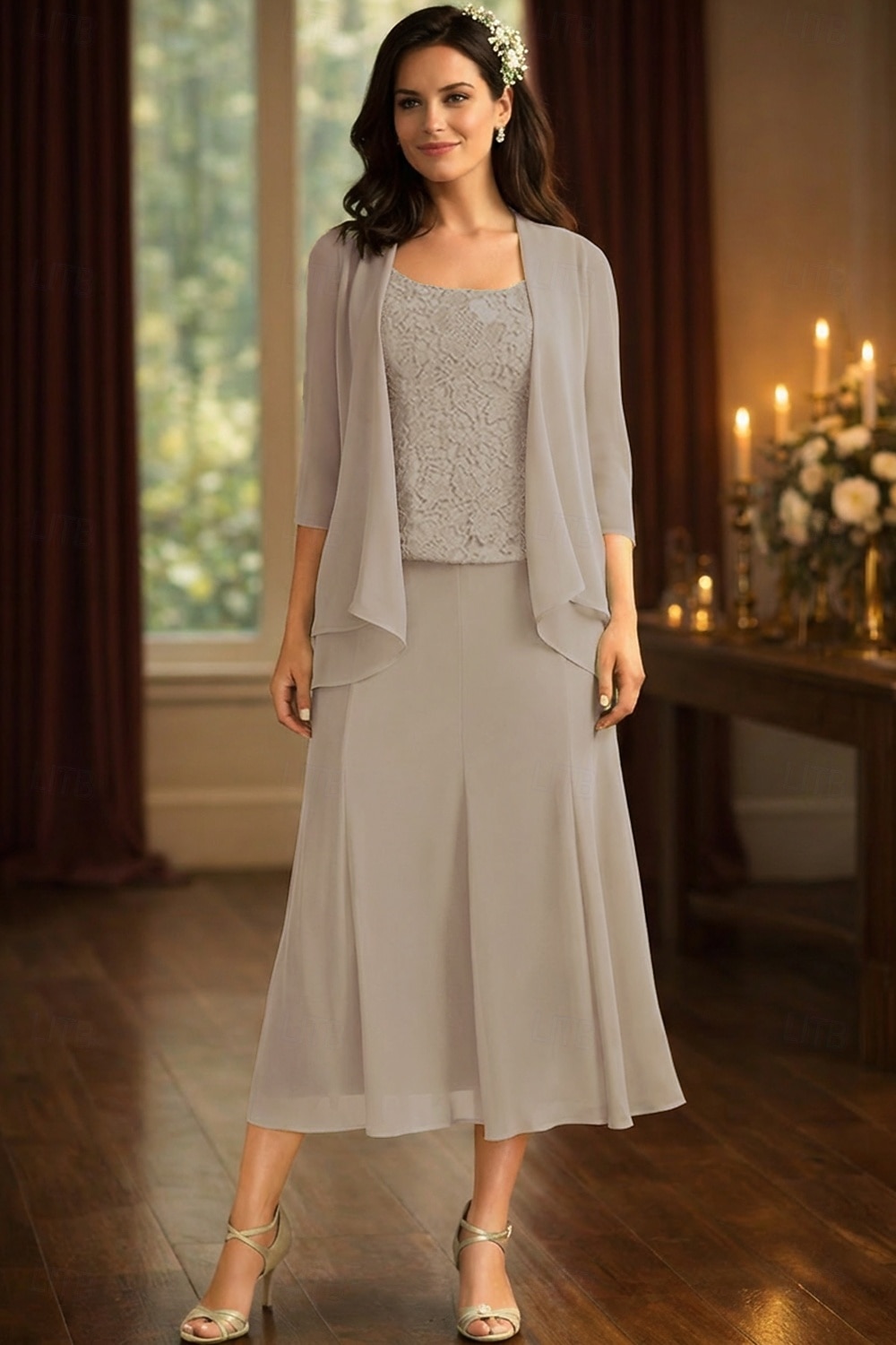 Ensembles de robes longueur thé robe de invitée de mariage robe de mère de la mariée à manches 3/4 décolleté carré élégante simple pour invité de mariage avec couleur unie de 2026 ? $183.99 –P11
