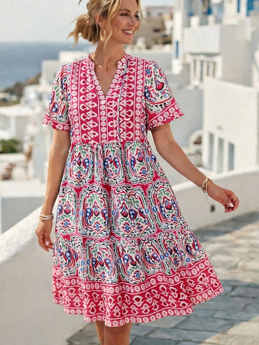 Γυναικεία Φόρεμα μέχρι το γόνατο Φόρεμα Boho Φόρεμα πουκαμίσα Κομψό Βοημία Etnic Παραλία Αργίες Χαλαρή Εφαρμογή Γραφική Γεωμετρικό Κοντομάνικο Όρθιος Γιακάς Θαλασσί Ανθισμένο Ροζ Πορτοκαλί 2026 - $27.99 –P4