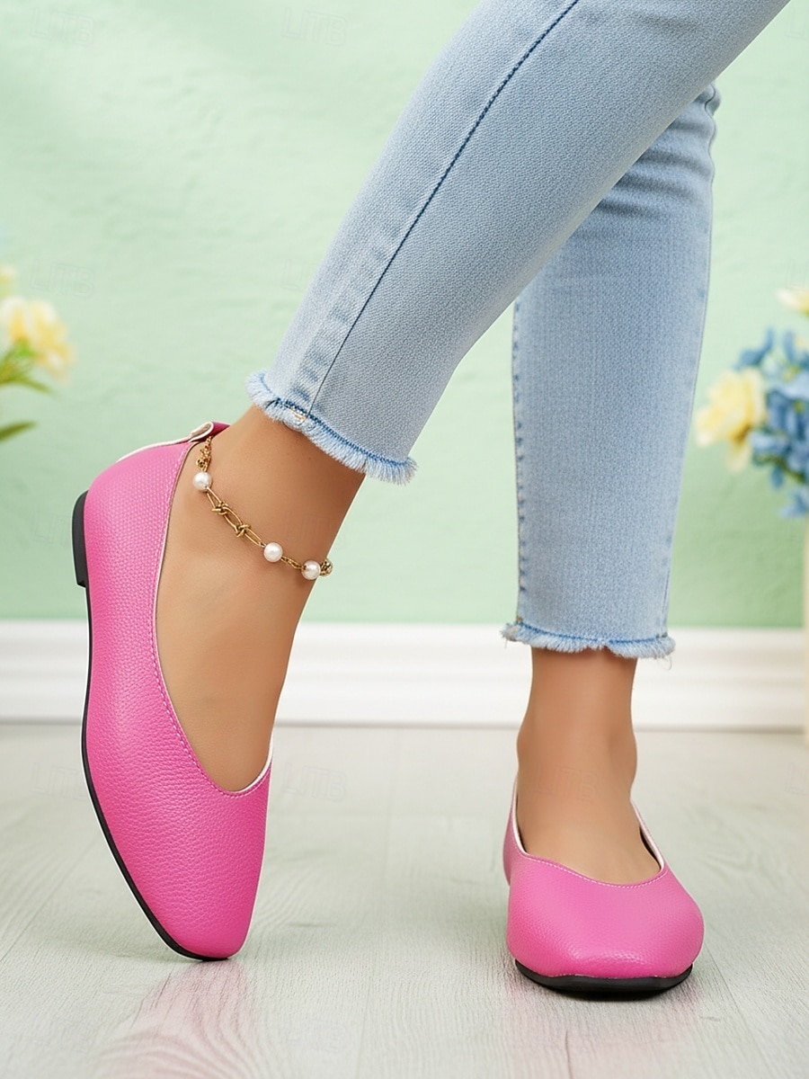 Γυναικεία ροζ φλατ παπούτσια με τετράγωνη μύτη, casual μινιμαλιστικά slip-on παπούτσια, άνετα μαλακά μπαλαρίνες από τεχνητό δέρμα για καθημερινή χρήση, γραφείο &καλοκαίρι 2026 - $18.99 –P1