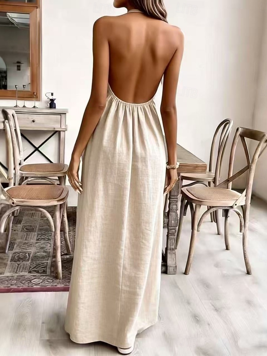 Women's Maxi Faux Cotton Linen Dress Shift Dress Summer Dress Casual Daily Loose Fit Plain Sleeveless Halter Neck Black White Yellow Purple Summer Spring 2026 - $28.99 –P2