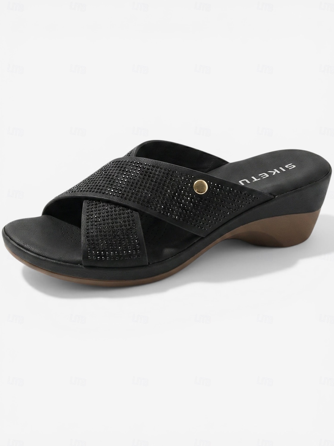 Sandalias de cuña con tiras cruzadas y pedrería verde para mujer: cómodas sandalias sin cordones con plantilla acolchada y tacón brillante de punta abierta, ideales para vacaciones y fiestas en el 2026 - $34.99 –P5