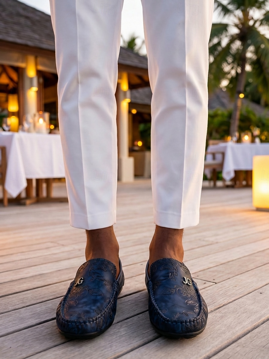 Marineblauwe, geborduurde instappers voor heren, casual rijschoenen, zacht, lichtgewicht en comfortabel schoeisel voor avonden in een resort, dineren aan zee, vakantiereizen, cruises en een stijlvolle vakantielook. 2026 - $42.99 –P2
