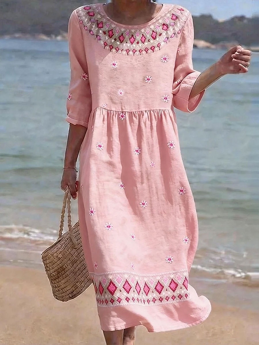 Dames Halflange jurk Zonnejurk Zomerjurk Vakantie Casual Boho Strand Feestdagen Ruim Passend Bloemig Grafisch Geometrisch 3/4 mouw Strakke ronde hals blauw Blozend Roze Paars Groen Zomer Lente 2026 - $34.99 –P1
