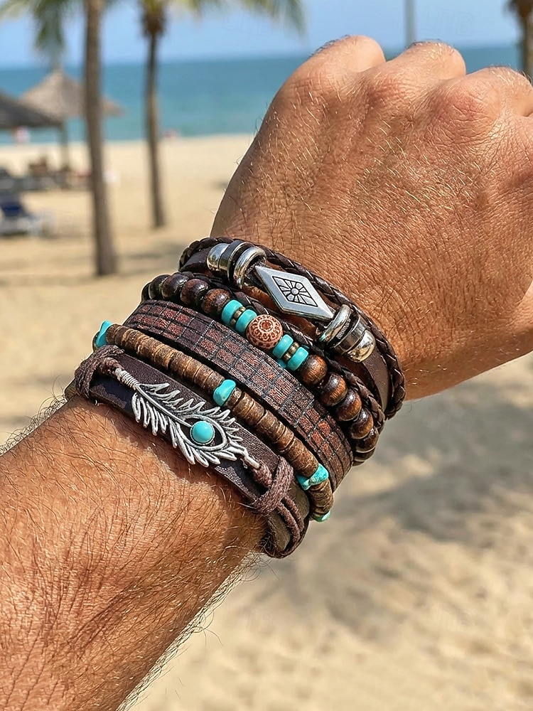 סט צמידים בסגנון בוהמי לגברים, אורך מתכוונן בן 6 חלקים, סגסוגת, קליפת קוקוס &חומר מעורב עץ, מושלם לחופשת חוף, ללבישה יומיומית קז'ואלית 2026 - $11.99 –P3