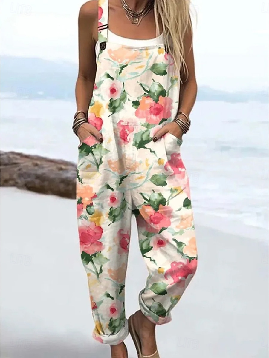 Women's Overall Active Floral Sleeveless Sleeveless Square Neck Pocket Print Daily Beach Loose Fit White Pink Beige Summer 2026 - $45.99 –P3