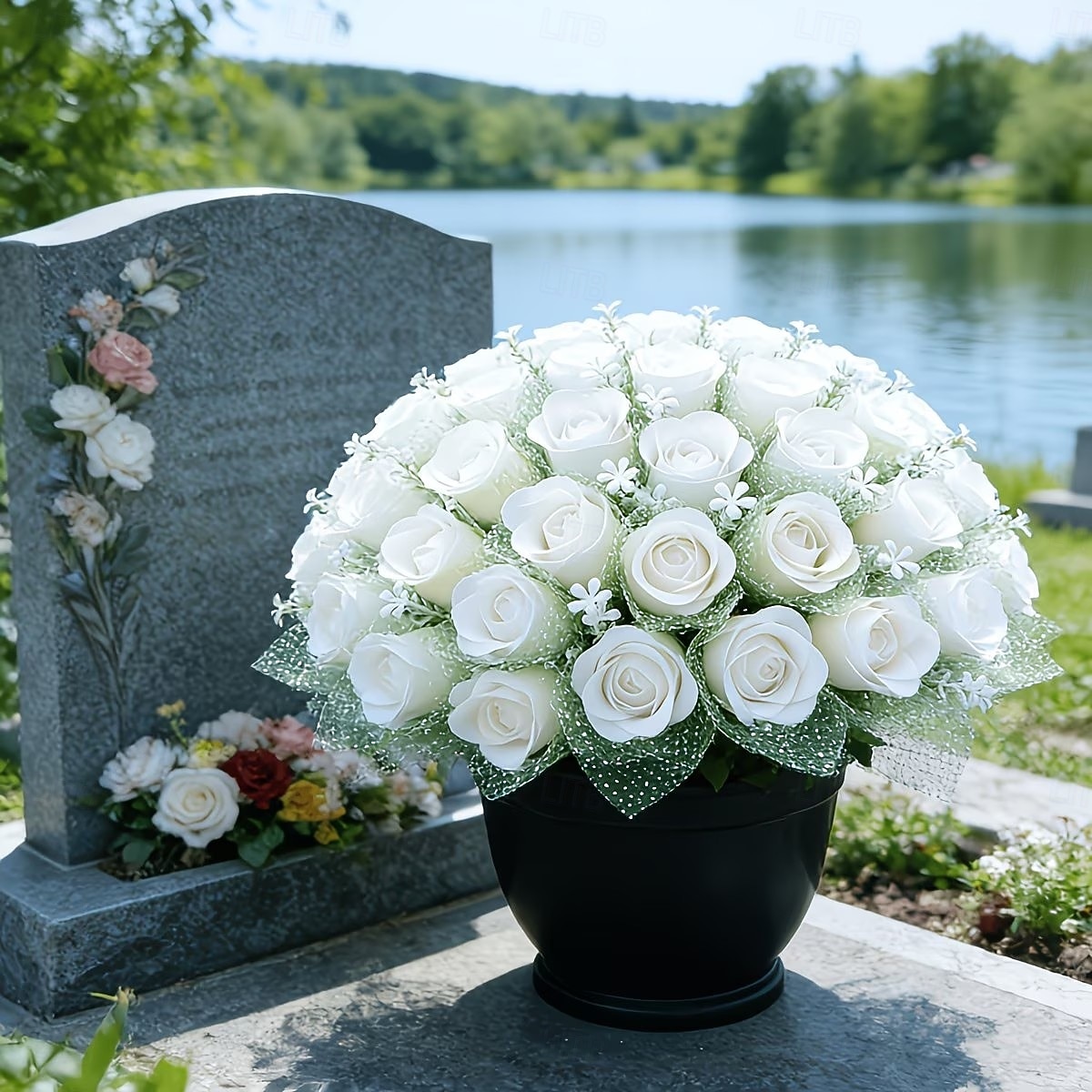 Arranjo requintado de rosas artificiais para lápides, ideal para o Dia da Memória, funerais e cemitérios, expressando condolências e despedidas a familiares e amigos. de 2026 por $14.99 –P8