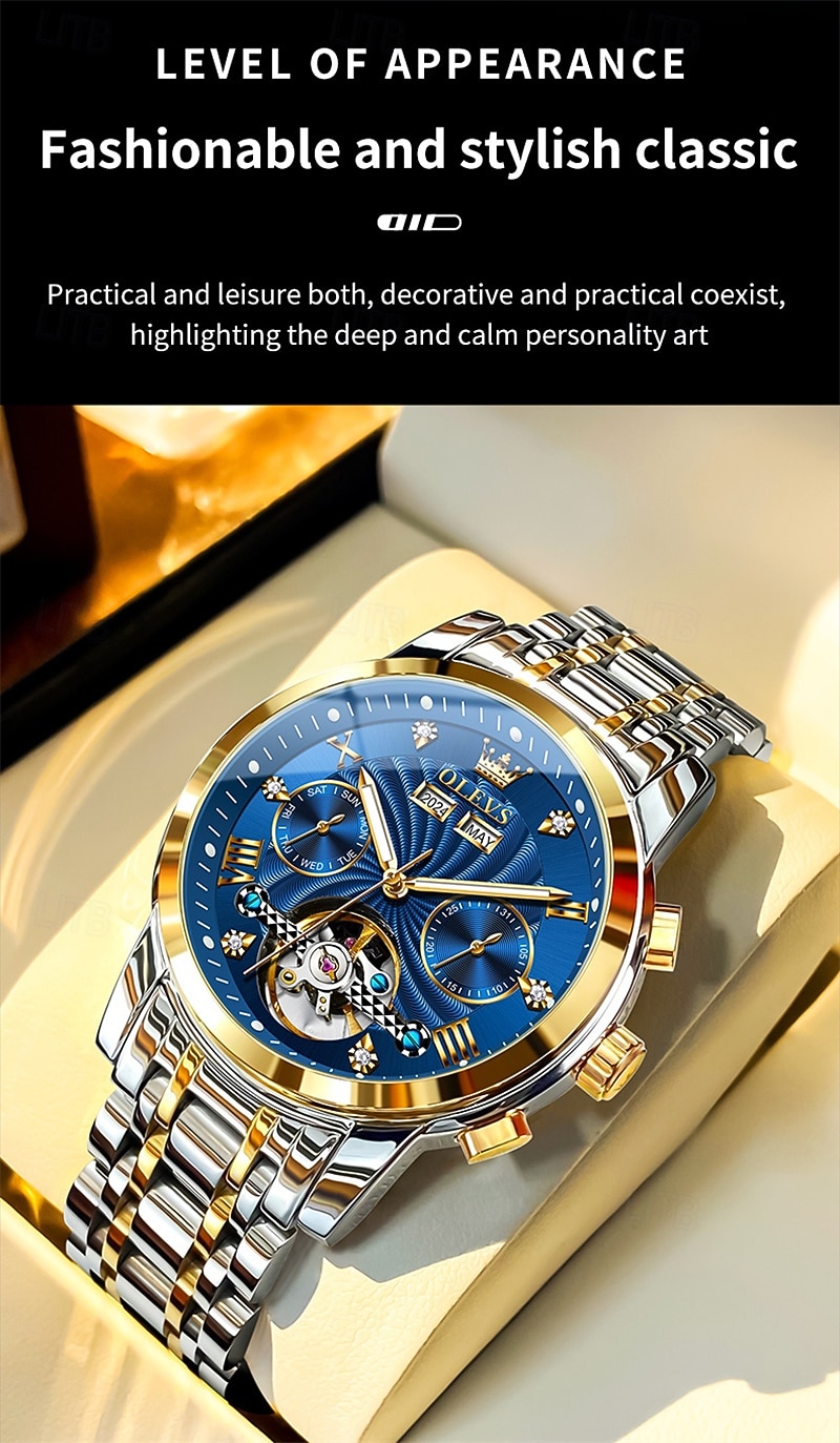 Orologio automatico da uomo Olevs Skeleton, lussuoso orologio da polso da lavoro bicolore in acciaio inossidabile con calendario multifunzione, orologio meccanico analogico luminescente impermeabile, del 2026 a $109.99 –P8