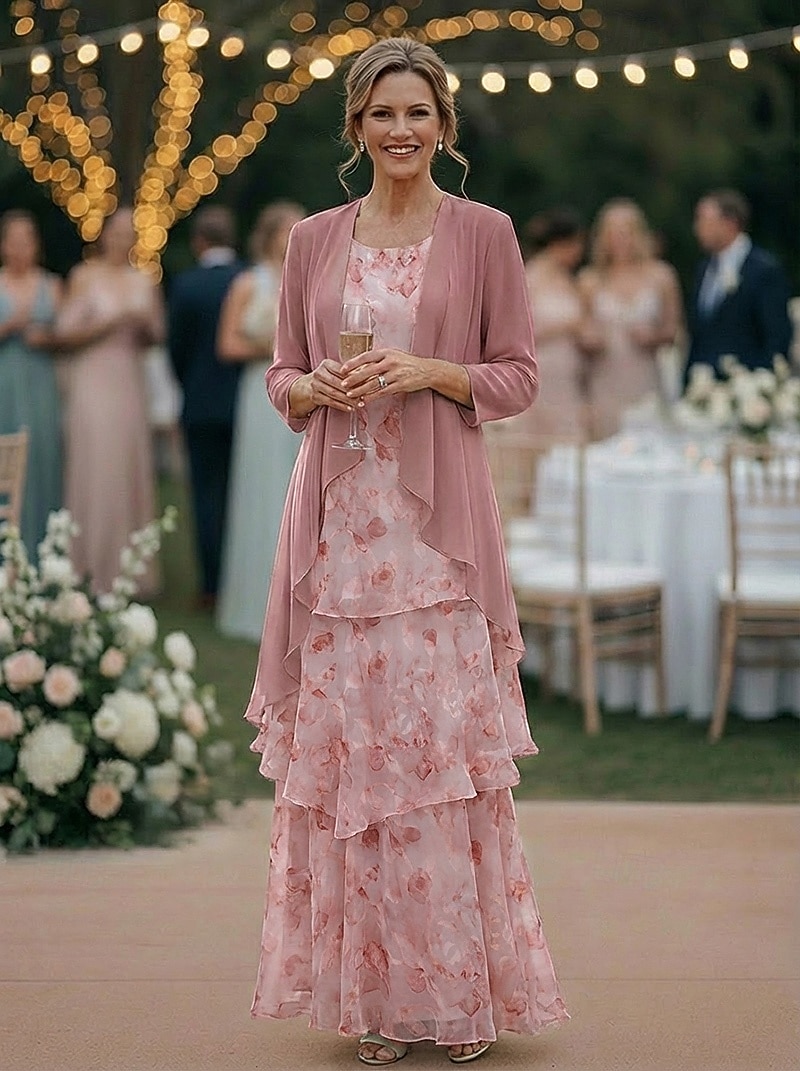Two Piece A-Line Floor Length Wedding Guest Dress Mother of the Bride Dress Sleeveless 3/4 Length Sleeve Scoop Neck Elegant Simple Minimalist Formal Semi Formal Chiffon Jacquard with Floral Print 2026 - $194.99 –P8