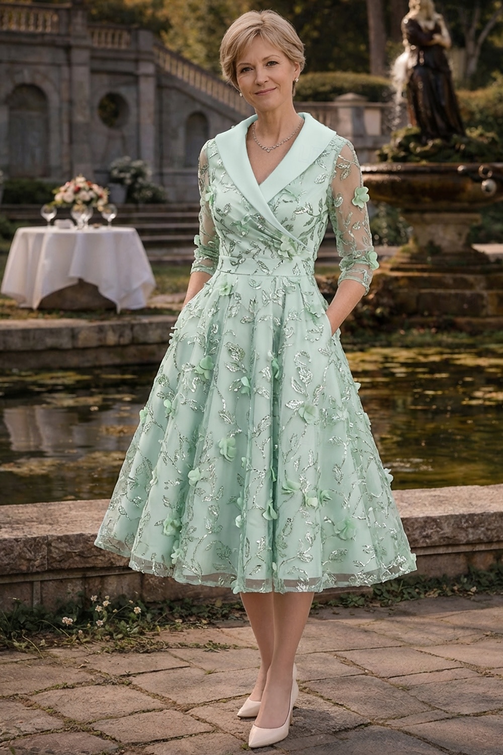 Linea ad A Lunghezza Tè Abito da cerimonia per signora Manica 3/4 Scollo a V Bavero Elegante Vintage Formale Ospite di nozze Raso Pizzo con Fiori 3D Arricciato Ricamo del 2026 a $194.99 –P6