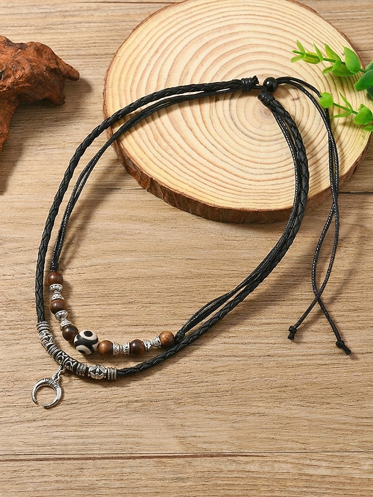 Men's Bohemian Style Double-Layer Necklace, Alloy & Leather Cord Mixed Material, Crescent Moon Pendant, Adjustable, Perfect for Beach Vacation, Daily Casual Wear 2026 - $9.99 –P6