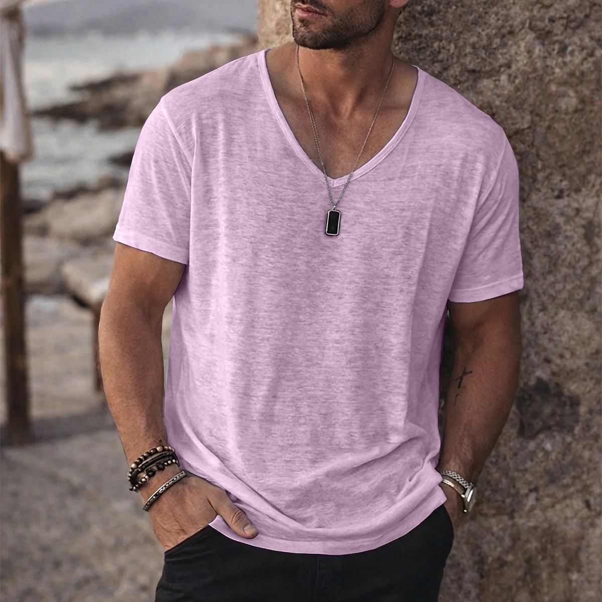 Per uomo Maglietta Camicia a Maniche Corte Maglietta in lino Manica Corta Scollo a V Estate Primavera Tinta unica Semplice Striscia di Fossa Streetwear Elegante Casual Puro Casuale Quotidiano del 2026 a kr.196 –P10