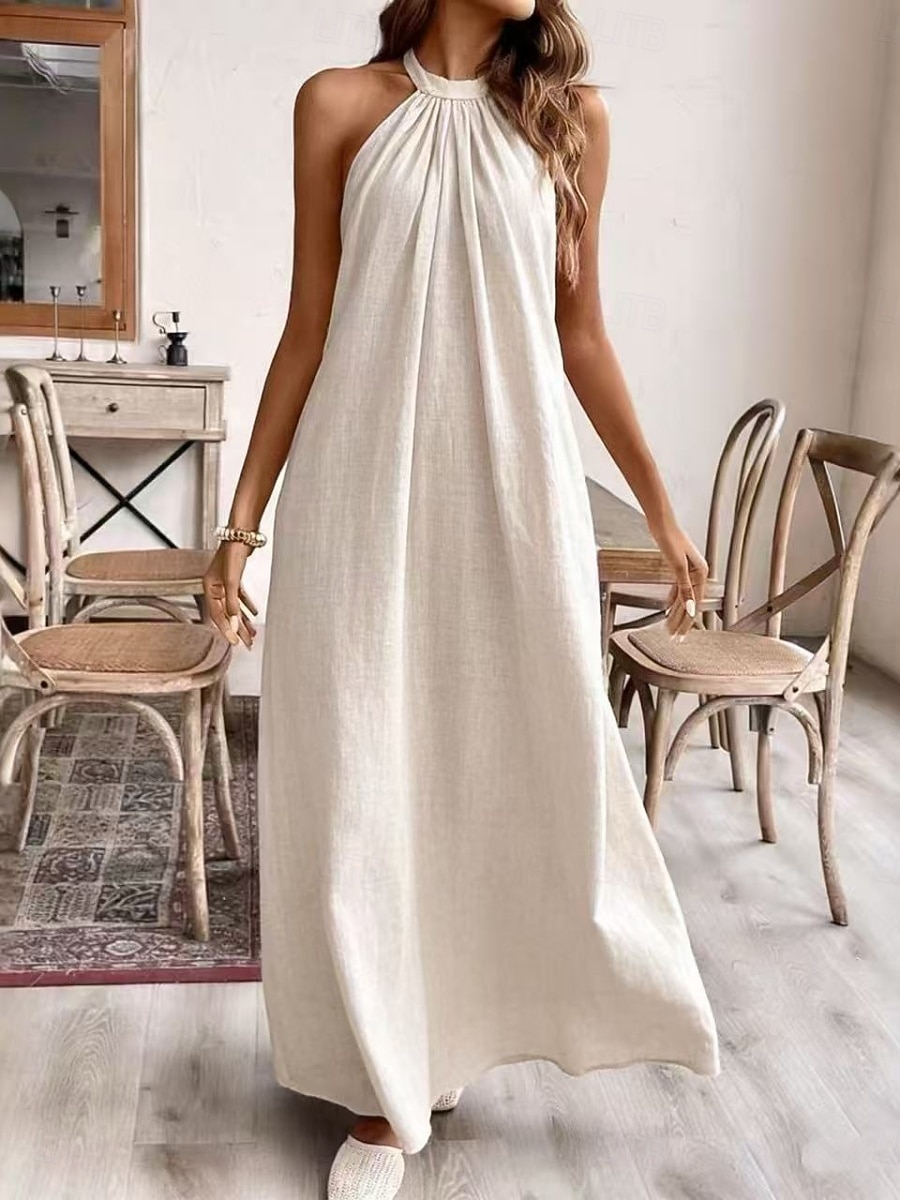 Women's Maxi Faux Cotton Linen Dress Shift Dress Summer Dress Casual Daily Loose Fit Plain Sleeveless Halter Neck Black White Yellow Purple Summer Spring 2026 - $28.99 –P1