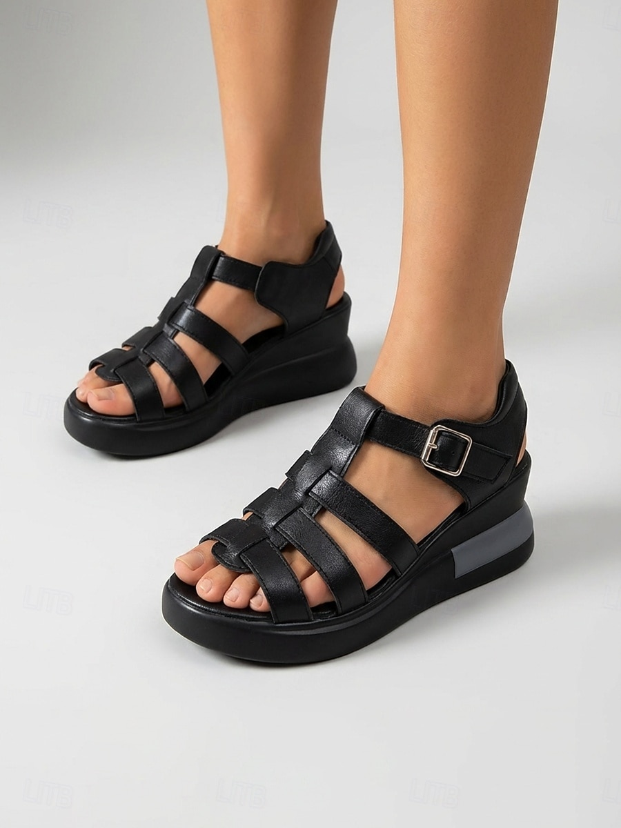 Schwarze Gladiator-Plateausandalen für Damen – verstellbarer Riemen im römischen Stil, leichte Keilsohle, bequemer Sommerschuh zum Spazierengehen und Reisen &Alltagskleidung 2026 - $26.99 –P4