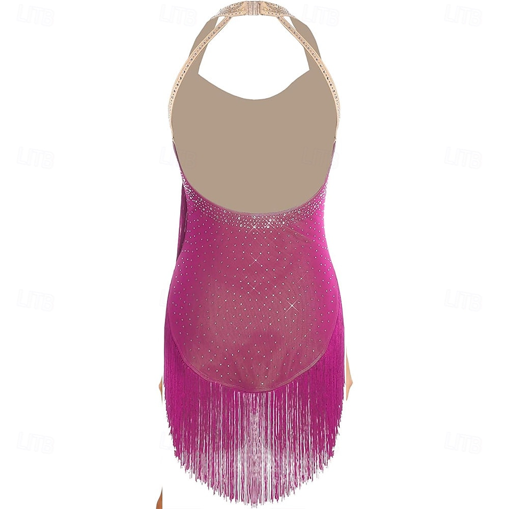 Women's Magenta Latin Dance Dress - Halter Neck Sparkly Rhinestone Fringe Dress for Ballroom, Salsa & Performance 2026 - $305.39 –P3