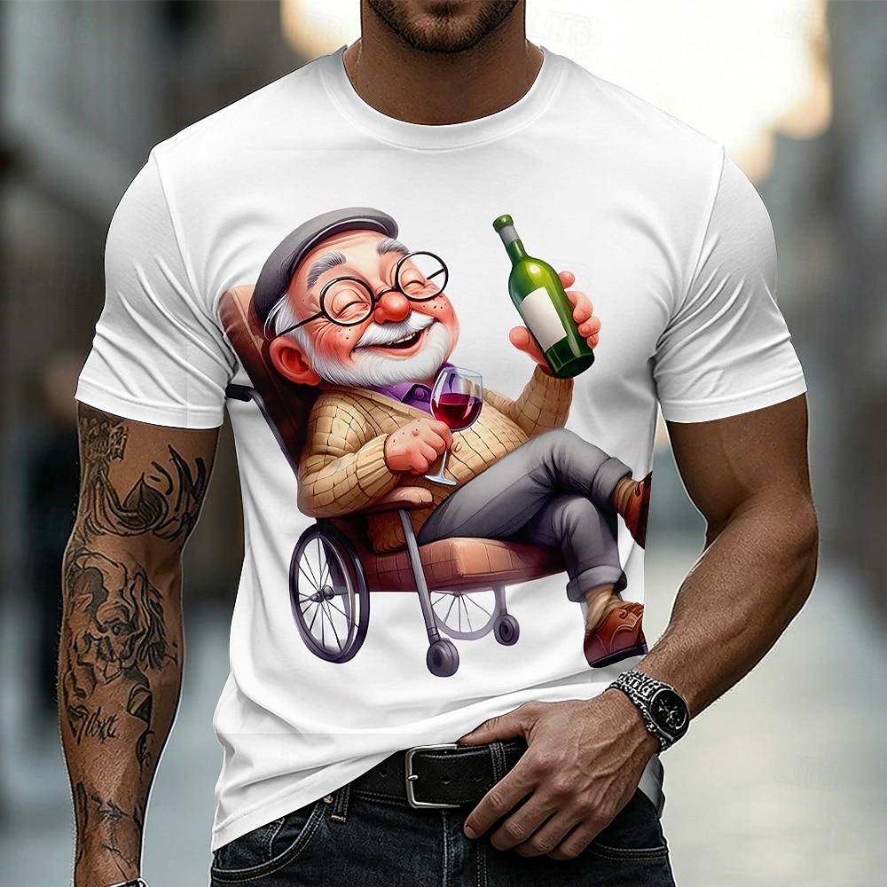 Camiseta con estampado de un anciano feliz bebiendo vino en silla de ruedas, diseño 3D, humor, cuello redondo, manga corta, regalo para fiesta de jubilación, para abuelo amante del vino, ropa de 2026 - $18.99 –P3