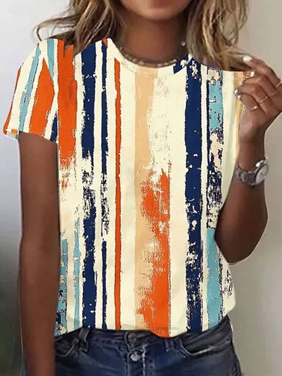 Damen T Shirt Druck Grafik Gestreift Bohemien Hawaiianisch Stilvoll Kurzarm Rundhalsausschnitt Normale Oberteile Täglich Blau Rosa Orange Grün Sommer Frühling 2026 - $21.99 –P2