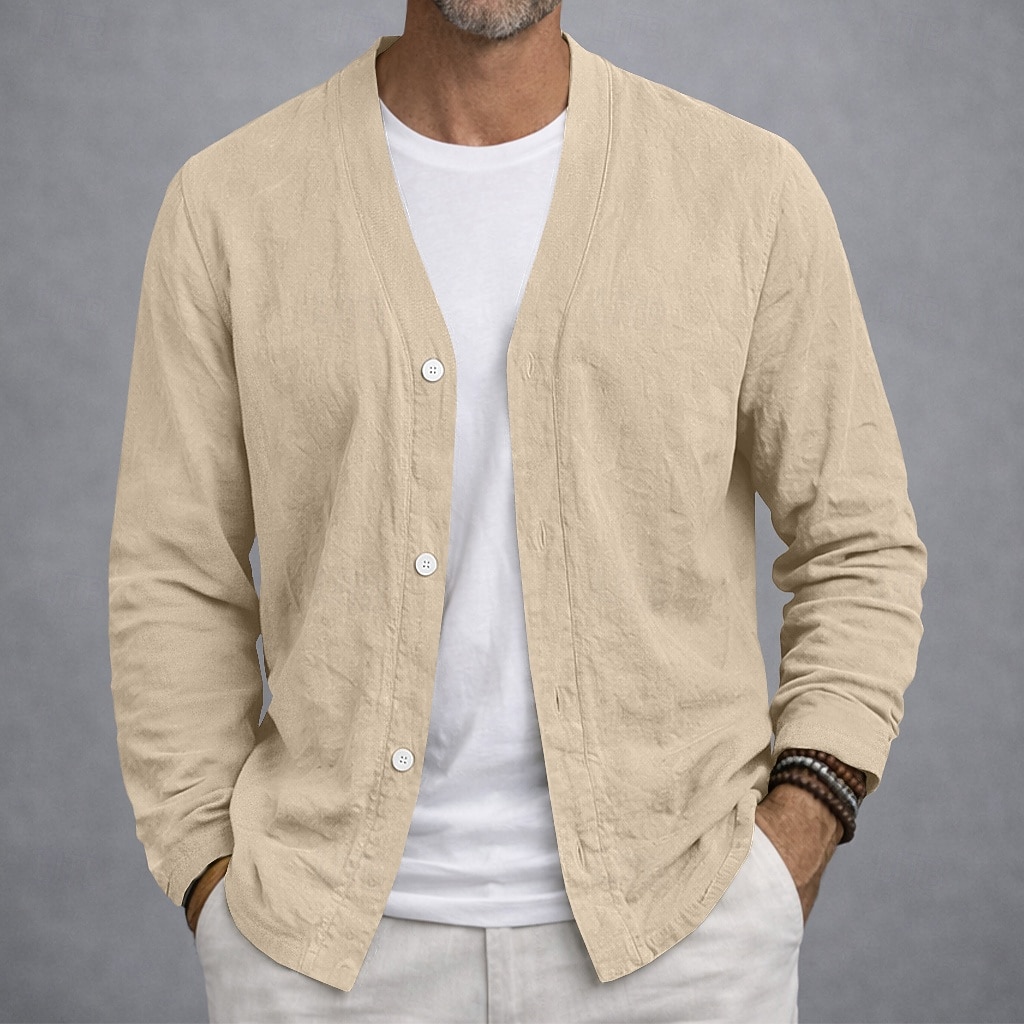 Herren Leinenhemd Sommerhemd Strandbekleidung Knopfhemd Strickjacke Einfach Lässig Urlaub Blau Schwarz Weiß Khaki Langarm V Ausschnitt Sommer Frühling Bekleidung 2026 - $24.99 –P1