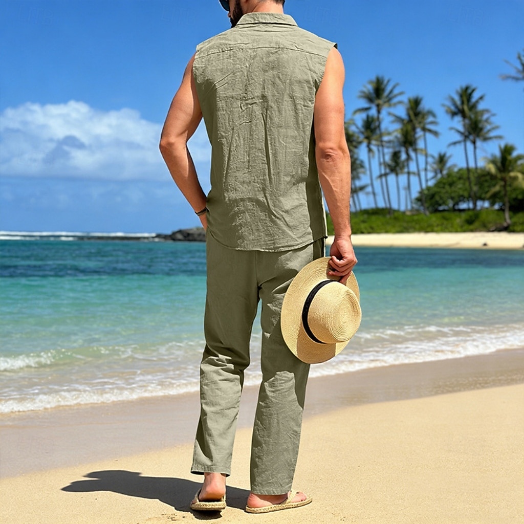 Male Linen Shirt 2 Piece Shirt Set And Linen Pants Trousers Casual Pants Set Plain Daily Outdoor Vacation Turndown Sleeveless Summer Fashion Casual Comfortable Clothing Apparel 2026 - $36.99 –P15
