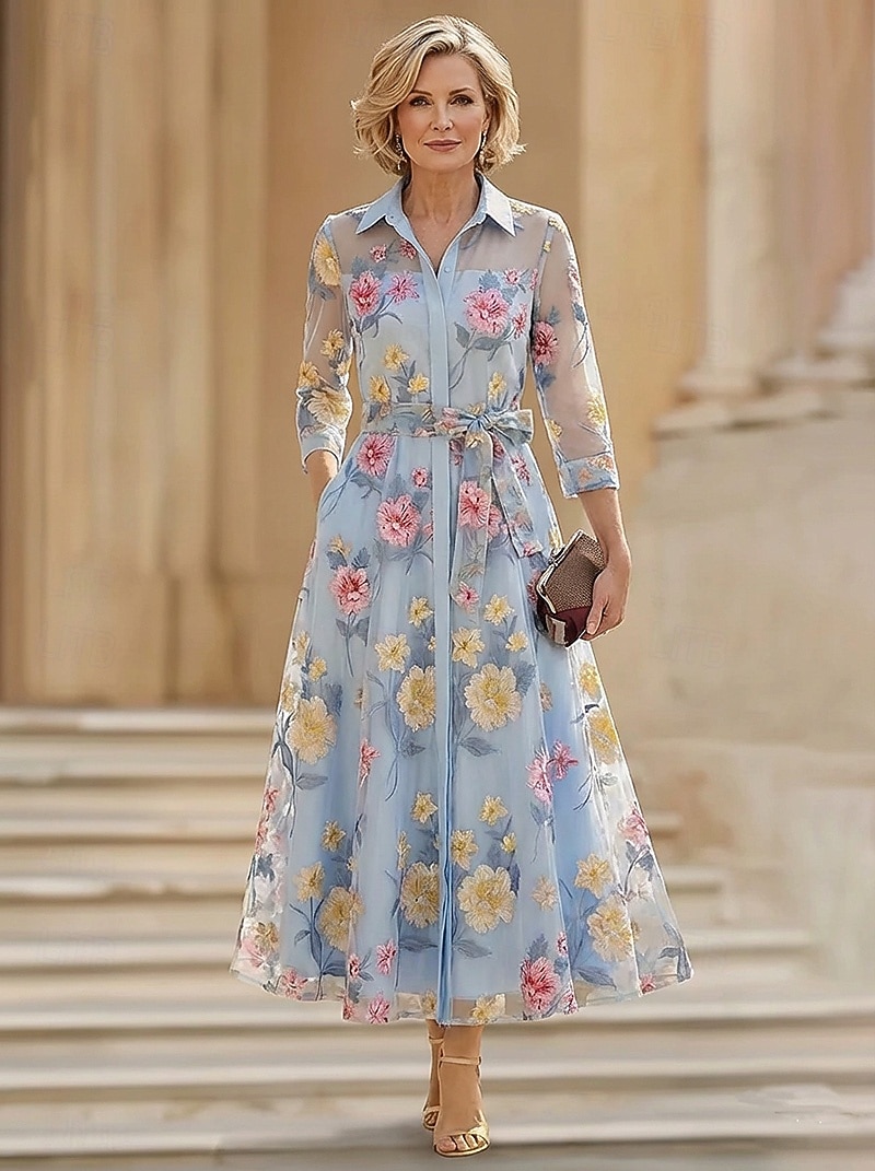 A-lijn Jurken Tot de enkel Over de knie Bruiloft gast jurk Moeder van de bruid jurk 3/4 mouw Overhemdkraag Elegant Vintage Formeel Bruiloft gast Semi formeel Organza Jacquard met Strik(ken) 2026 - $154.79 –P1