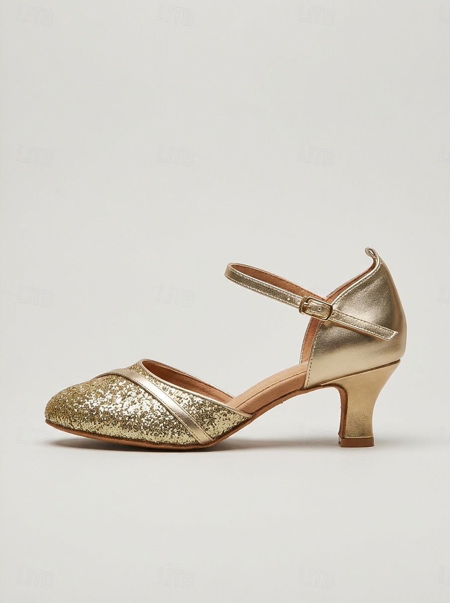 Damesschoenen met gouden glitter, gesloten neus, ballroomdanshakken en enkelbandje, standaard dansschoenen voor wals, foxtrot en tango. & prestatie 2026 - $34.99 –P4