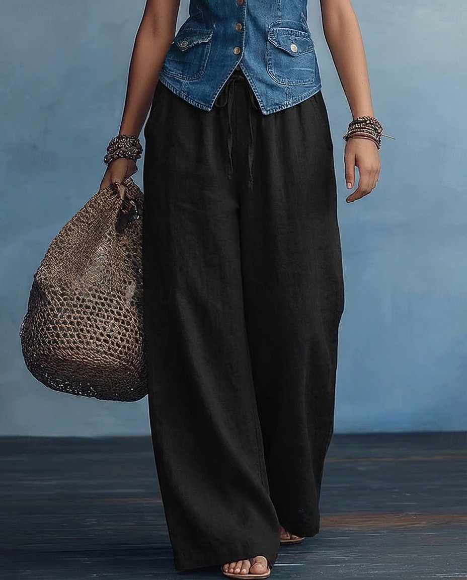 Damen Kunstbaumwollleinen Hose Sommerhose Baggy-Hosen Elegant Urlaub Ethno-Stil Volle Länge Hohe Taille Kordelzug Weites Bein Komfort Unelastisch Täglich Strand Formell Violett Mandelfarben Schwarz 2026 - $21.99 –P3