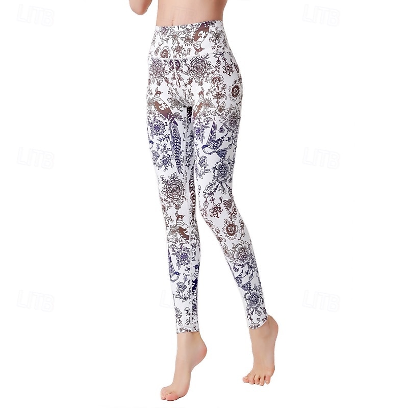 Dames Pilatesbroek Yogabroek Billenlift met ruche Hoge taille Sportschooltraining Hardlopen Fitness Legging Kleding Onderlichaam Flora Amethist Wit Blauw Sport Sportkleding Hoge Elasticiteit 2026 - $23.99 –P9