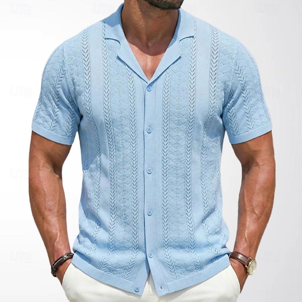 Men's Shirt Casual Shirt Button Up Shirt Jacquard Shirt Blue Green Apricot Short Sleeve Plain Cuban Collar Casual Daily Buttons Clothing Apparel Viscose Elegant Fashion Casual 2026 - $32.99 –P1