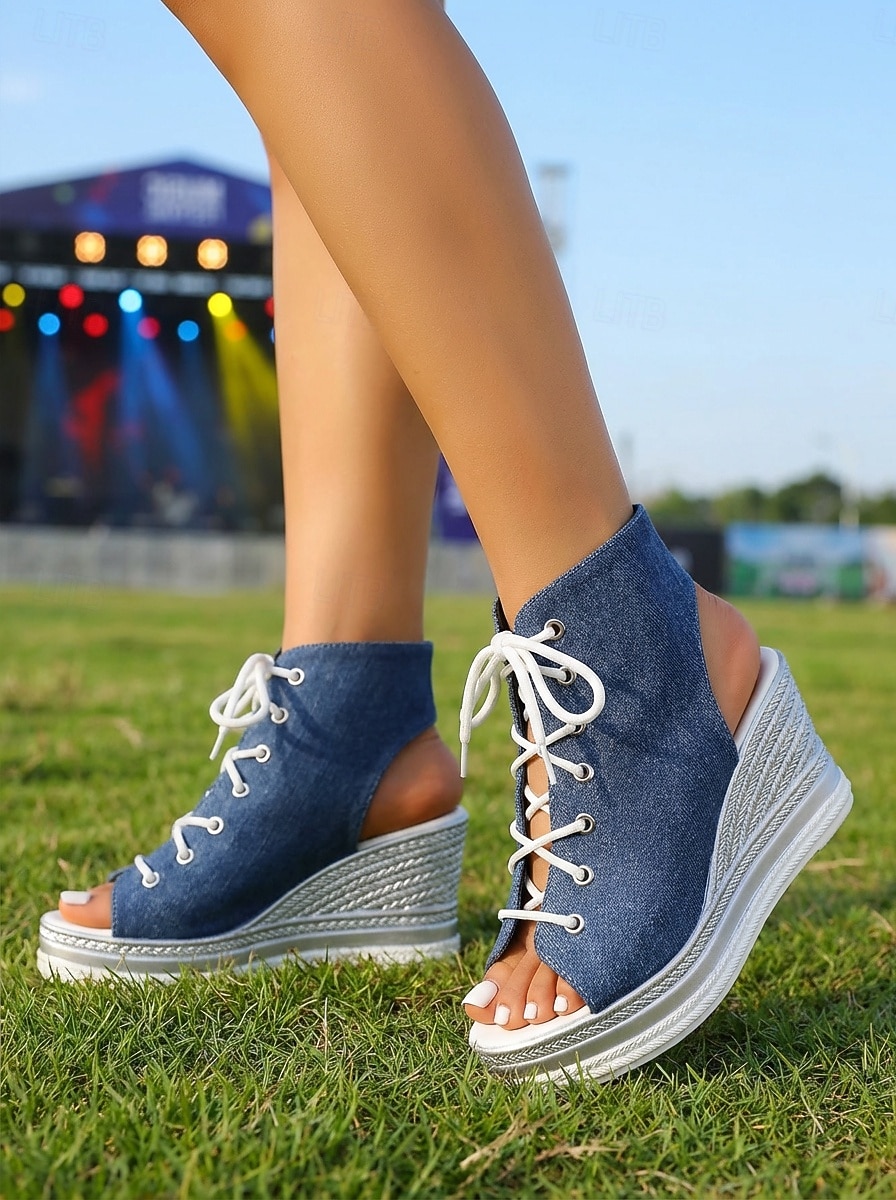 Sandali con zeppa e lacci in denim da donna – espadrillas con plateau e punta aperta, ideali per festival musicali, vacanze e abbigliamento casual all'aperto. del 2026 a $32.99 –P2