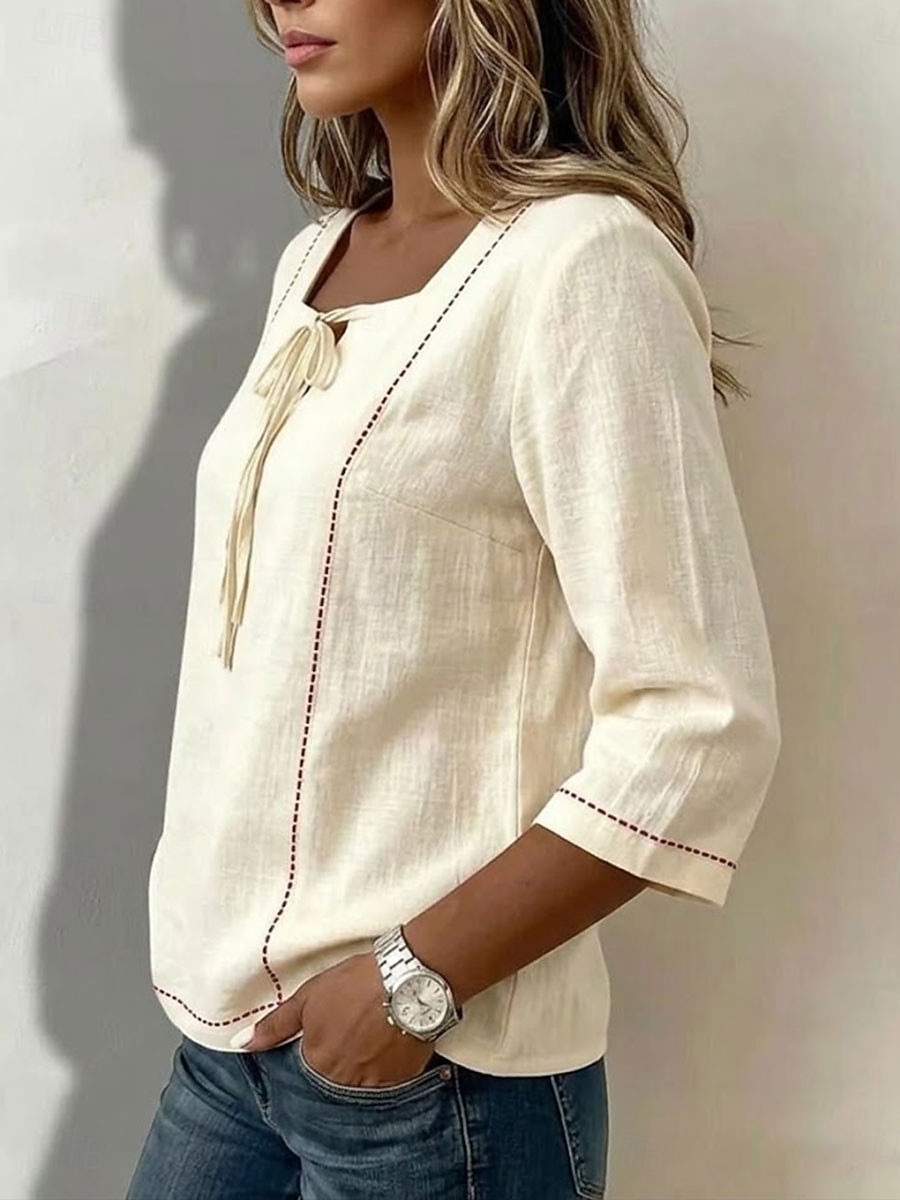 Damen Hemd Bluse Einfach Gestreift Stilvoll Klassisch Modern Dreiviertelarm Quadrathals Lange Oberteile Lässig Täglich Strand Weiß Gelb Marineblau Himmelblau Aprikose Sommer Frühling 2026 - $12.99 –P2