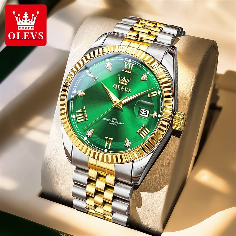OLEVS Mens Luxury Watch Classic Green Face Two Tone Silver Gold Stainless Steel Waterproof Quartz Wristwatch with Date Luminous Hands Business Dress Fashion Watches for Men Gifts 2026 - $38.99 –P1