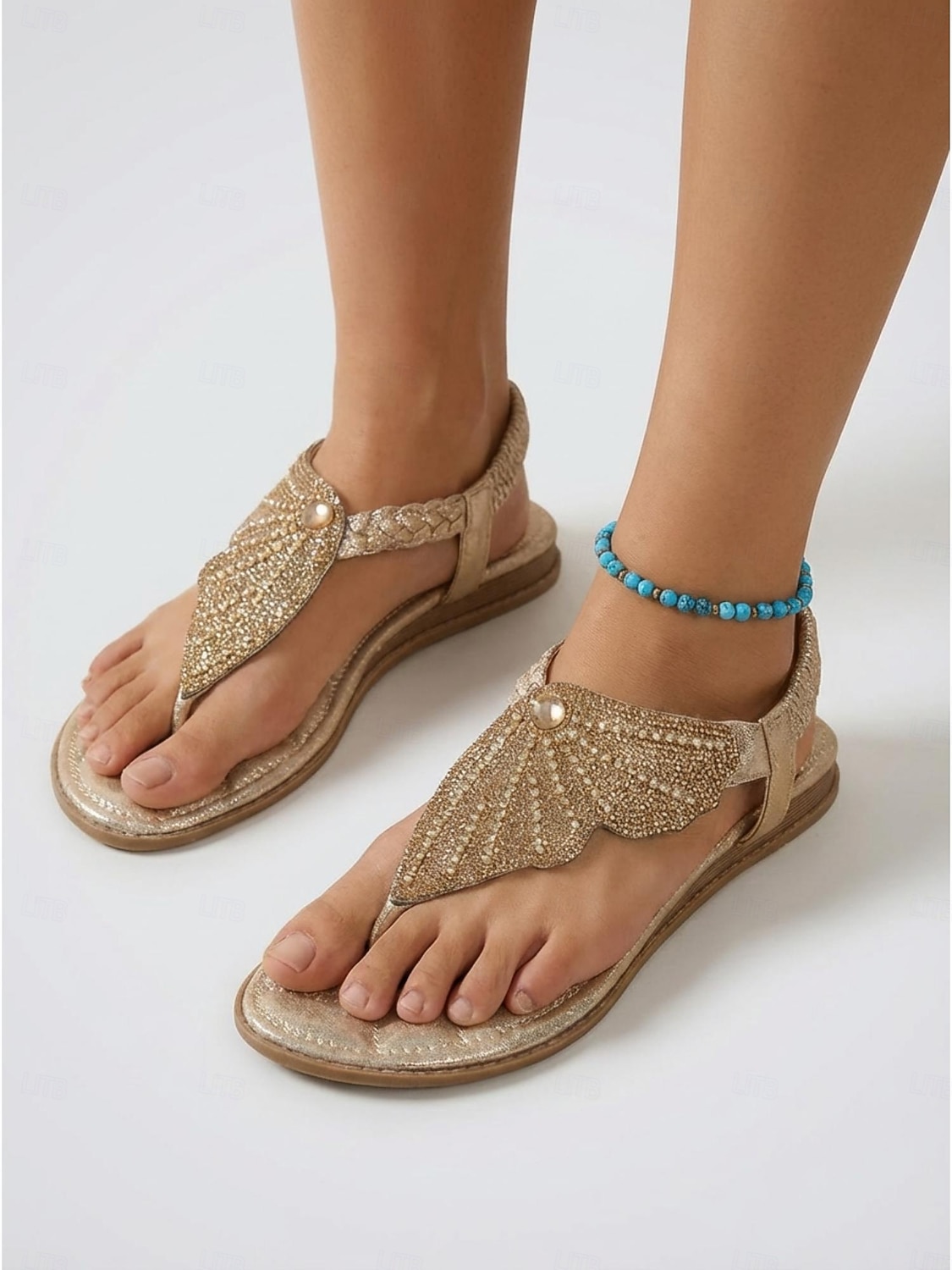 Funkelnde goldene Strass-Zehentrenner-Sandalen für Damen – elegant verziert mit Strasssteinen und metallischen Riemen, ideal für den Strandurlaub &tropische Inselresorts 2026 - $32.99 –P3