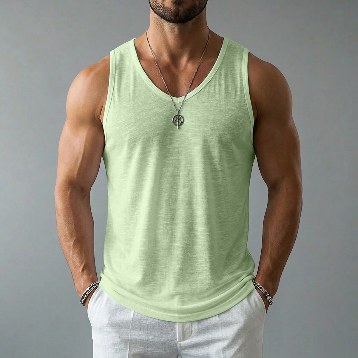 Herre Linne Tank Top Ermeløs skjorte Wifebeater skjorte Ermeløs Crew-hals V-hals Sommer Vår Alle årstider عادي Mote Grunnleggende Bohemsk Tynn Myk Ren Avslappet Strand Feriereise Blå Svart Hvit Topp 2026 - $19.99 –P7