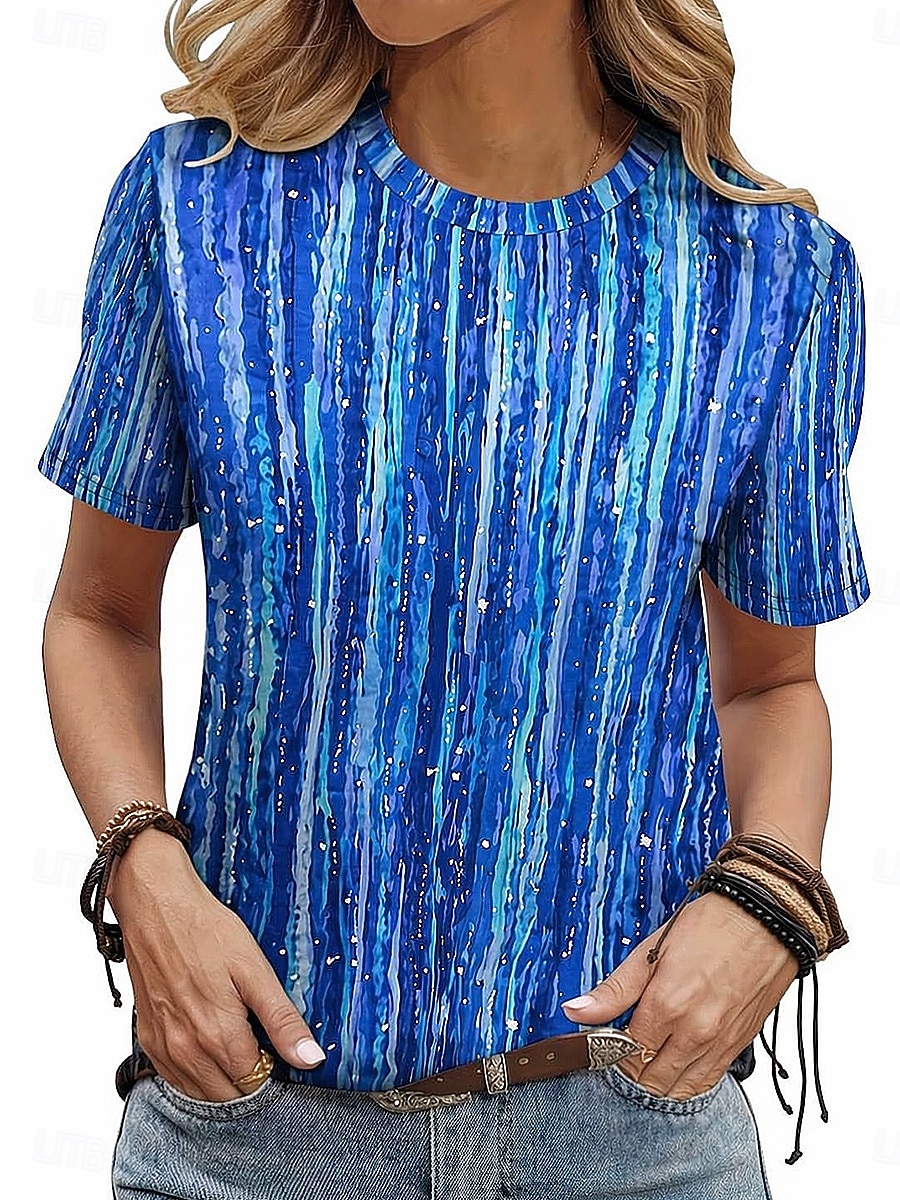 Dames T-shirt Afdrukken Grafisch Geometrisch Gestreept Vintage Stijlvol Klassiek Korte mouw Strakke ronde hals Croptops Casual Dagelijks blauw Paarsblauw Blozend Roze Oranje Zomer Lente 2026 - $21.99 –P6