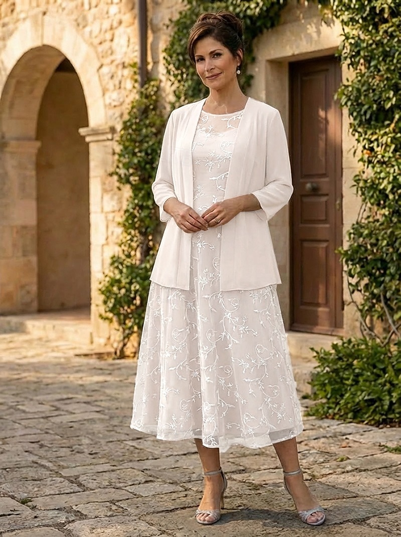 Zweiteilig A-Linie Knöchellänge Tee-Länge Kleid für Hochzeitsgäste Brautmutterkleid Ärmellos Dreiviertelarm Rundhalsausschnitt Elegant Einfach Minimalistisch Formell Semi-Formal Chiffon Spitze mit 2026 - $171.99 –P5