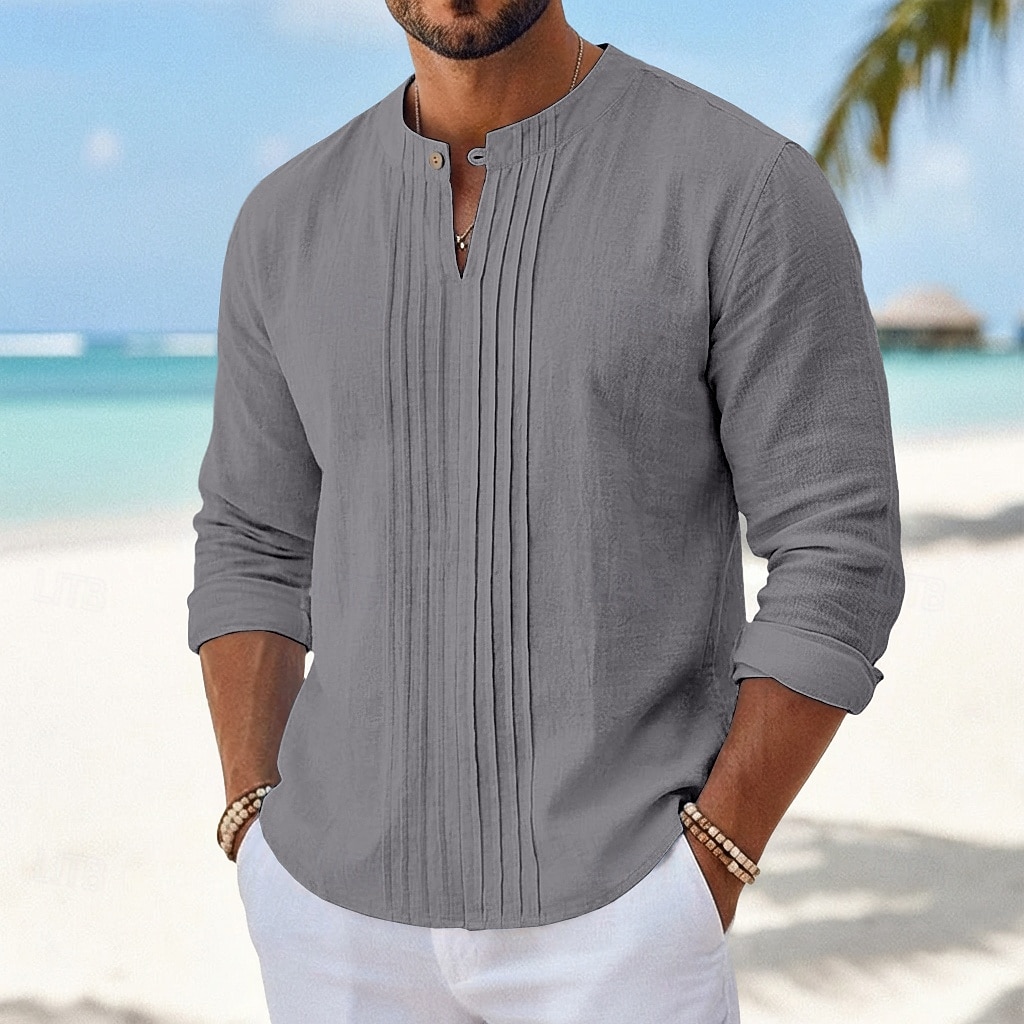 Herren Hemd Leinenhemd Sommerhemd Strandhemd Einfarbig Lässig Urlaub Blau Schwarz Weiß Khaki Langarm Mandarinkragen Sommer Bekleidung Gerafft 2026 - $25.99 –P6