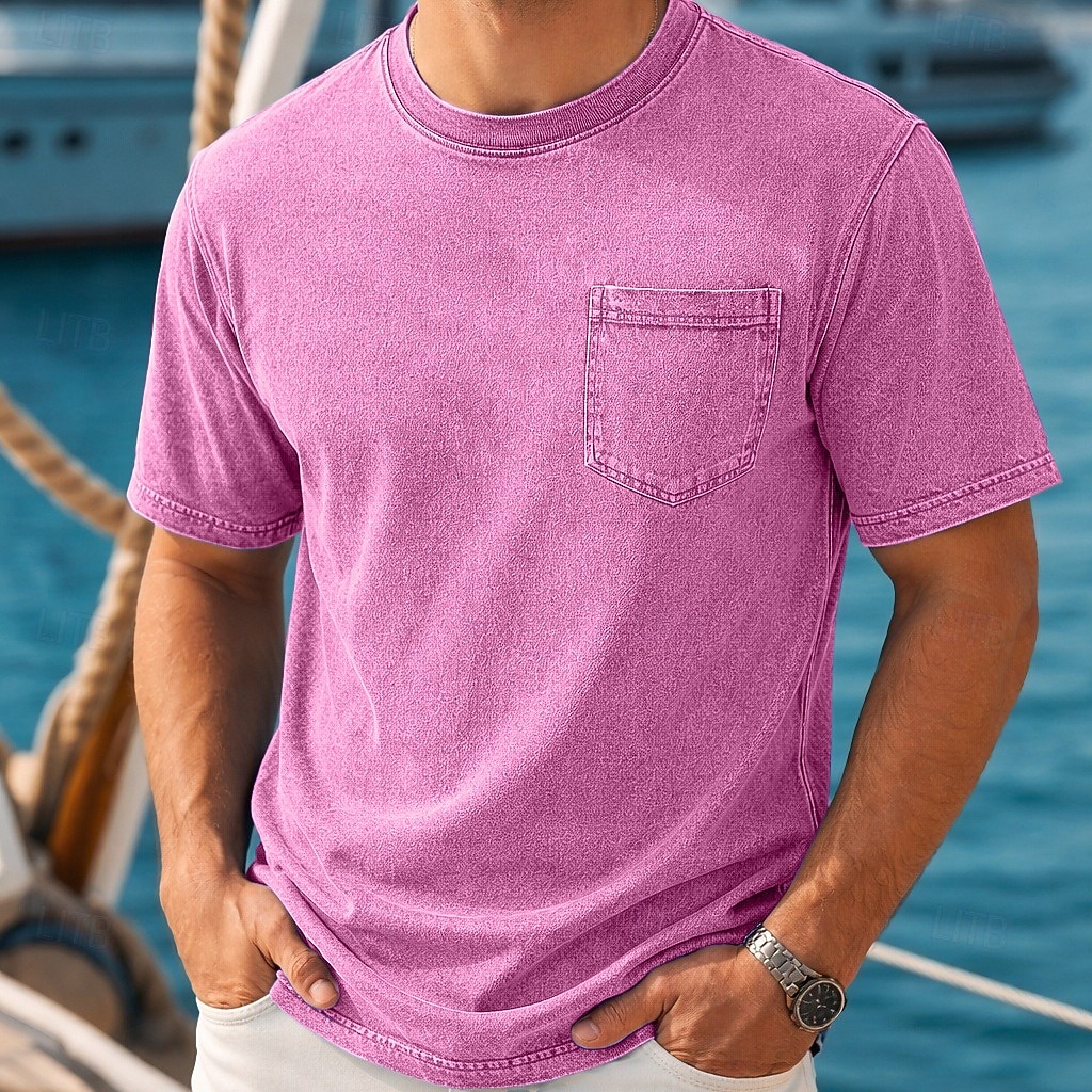 Bărbați Tricou Camasa de blugi Tricou din bumbac Cămașă spălată Mânecă scurtă Crewneck Vară Simplu Pit Strip Epocă Modă Designer Buzunar Stil Vintage Decolorat Casual Vacanță Stradă Albastru Deschis 2026 - $31.99 –P6