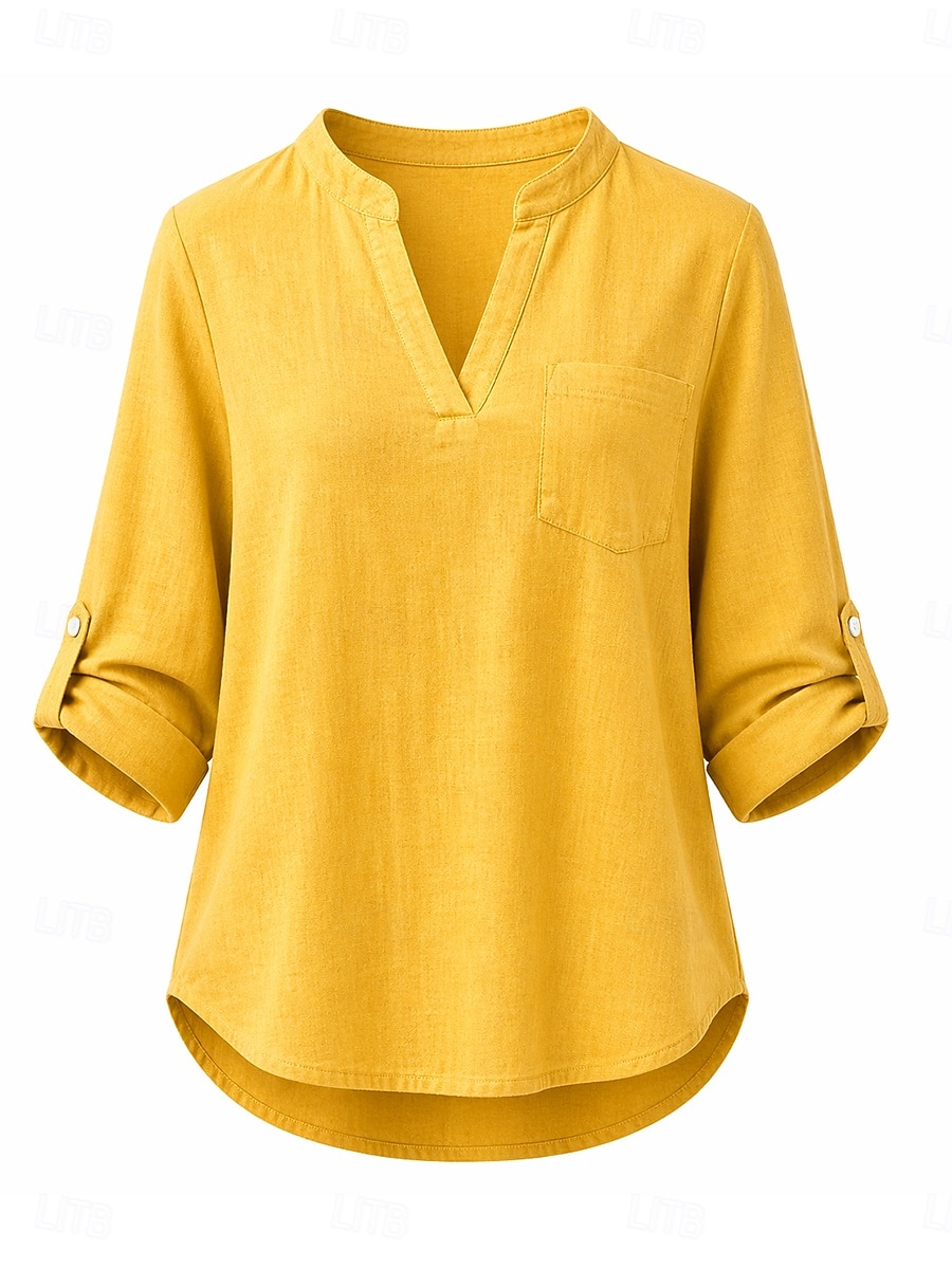 2026年 女性用 コットンリネンシャツ 夏のトップス ブラウス ドレッシーなトップス フリル パッチワーク ポケット 純色 平織り エレガント ヴィンテージ レディース 七分袖 Ｖネック シャツカラー ロングトップス カジュアル 日常 ワーク ブルー イエロー パープル グリーン カーキ色 夏 春  コレクション – $27.99 –P2