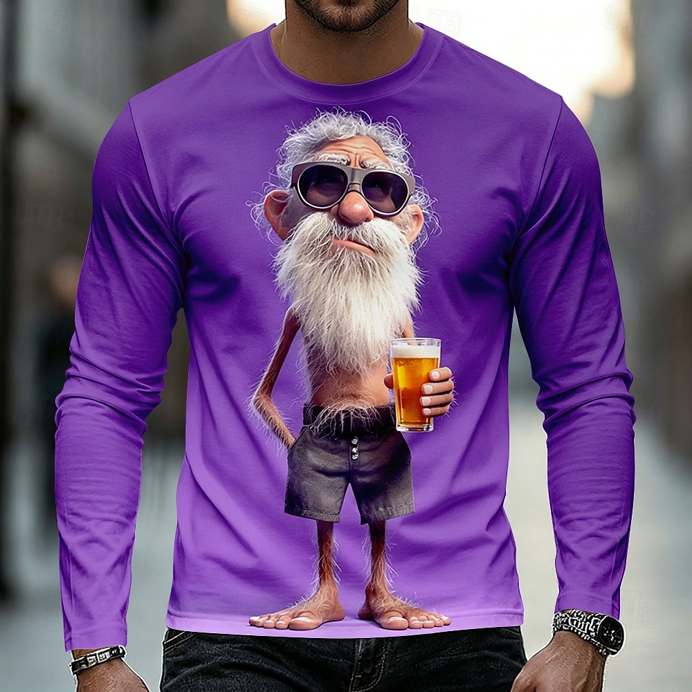 Herre Gammel mann T skjorte Langermet T skjorte 3D-utskrift Crew-hals Skjorte Fritid Morsom Daglig Feriereise Gate Blå Gul Lilla Sommer Vår Høst Klær S M L XL 2XL 3XL 2026 - $19.99 –P5