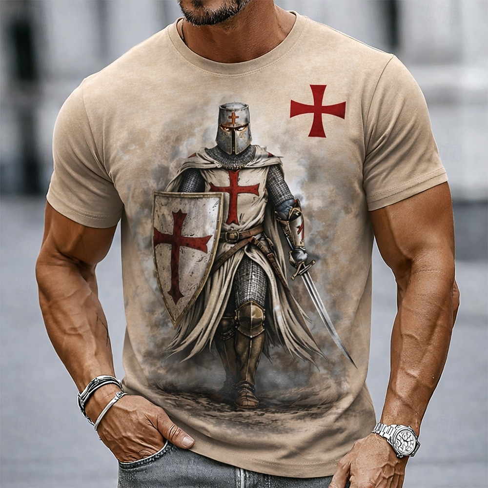 Męska koszulka z krótkim rękawem, z nadrukiem na całej powierzchni, z motywem rycerza templariusza, czerwonego krzyża, miecza i tarczy, krzyżowca, w stylu średniowiecznym, chrześcijańskim, w stylu 2026 - $18.99 –P1