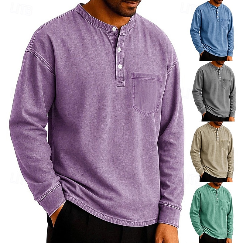 SoftFade™ Pánské tričko Henley T-shirt Tee dlouhý rukáv jednobarevné vintage retro ležérní styl obarvené vybledlé Henley ležérní jaro podzim černá šedá světle modrá Henley T-Shirt 2026 - $29.99 –P2