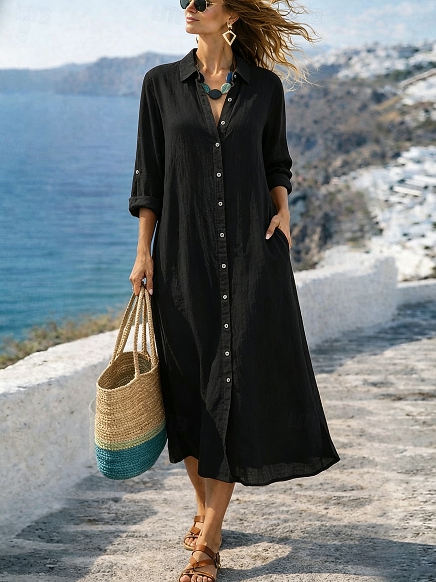 Women's Maxi Dress Cotton Linen Dresses Shift Dress Basic Daily Loose Fit Plain Long Sleeve Shirt Collar Black White Light Brown Orange Summer Spring Fall 2026 - $36.99 –P2