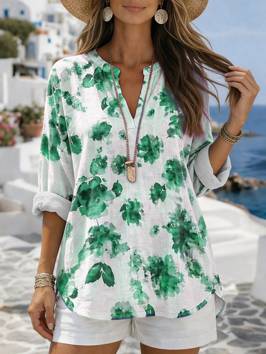 Mujer Blusa Estampado Floral Graphic Vintage Diario Elegante Manga Larga Escote en Pico Tops regulares Casual Diario Azul Piscina Morado Verde Trébol Verano Primavera 2026 - $31.99 –P3