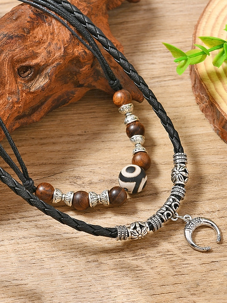 Men's Bohemian Style Double-Layer Necklace, Alloy & Leather Cord Mixed Material, Crescent Moon Pendant, Adjustable, Perfect for Beach Vacation, Daily Casual Wear 2026 - $9.99 –P5