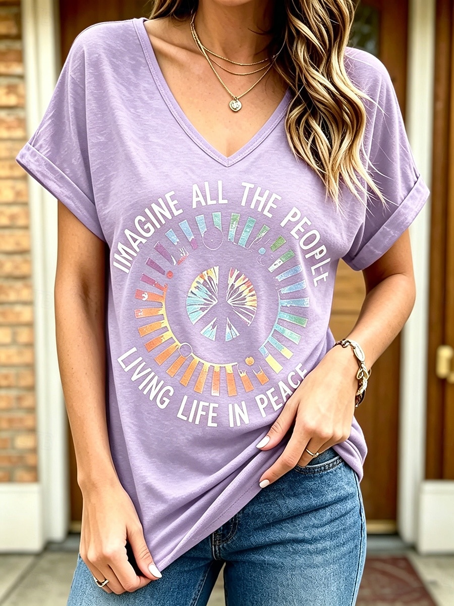 Women's T Shirt Print Graphic Letter Vintage Stylish Casual Short Sleeve V Neck Regular Tops Casual Daily Weekend Blue Black Red Purple Summer Spring 2026 - $21.99 –P3