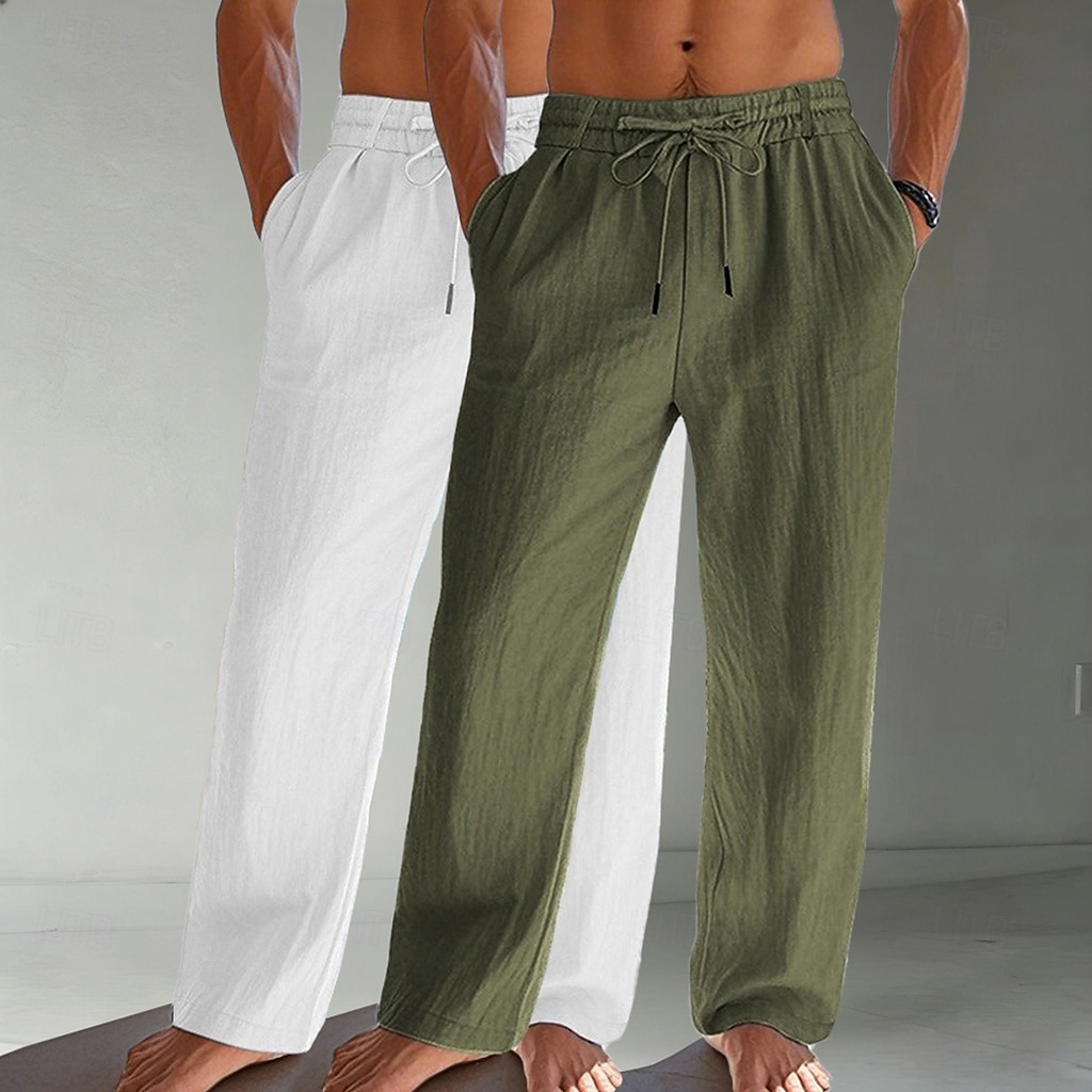 Homens Calças de linho Calças Calça verão Calças largas Calças de praia Com Cordão Bolsos Cintura elástica Tecido Conforto Respirável Comprimento total Diário Praia Férias Férias Havaiana Branco de 2026 por $39.99 –P6