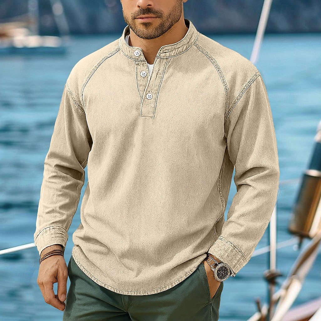 SoftFade™ Men's T Shirt Henley Shirt 100% Cotton Acid Wash Shirt Tee Top Long Sleeve Henley Spring Fall Plain Vintage Streetwear Casual Garment Dyed Faded Washed Casual Home Street Black Blue 2026 - $31.99 –P3