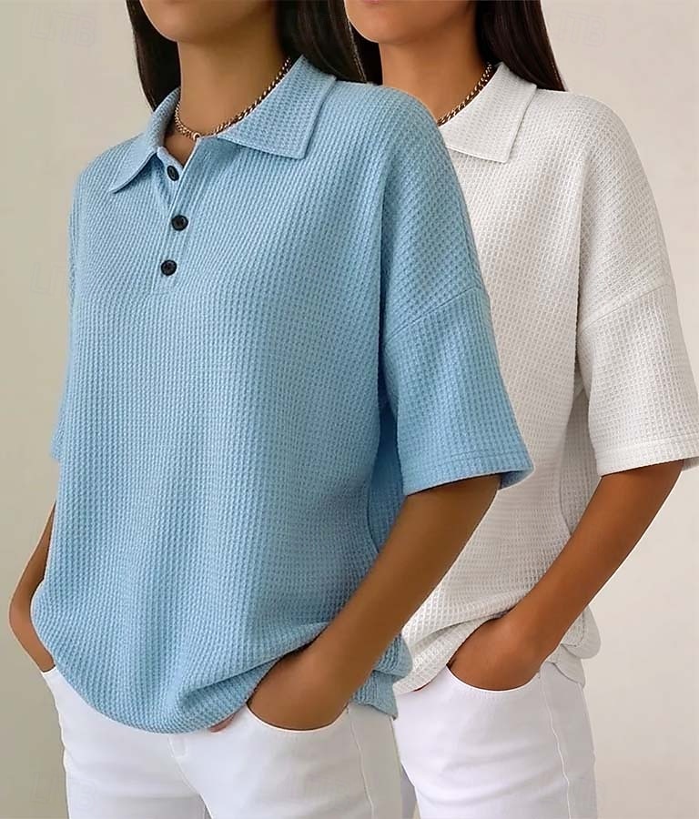 Damskie Koszula waflowa Jednokolorowe Elegancja Aktywny Urlop Bez rękawów Rękaw 1/2 W serek Kołnierz polo Długie topy Codzienny Na zewnątrz Streetwear Niebieski / Czarny Biały + czarny Czerwony 2026 - $45.99 –P2