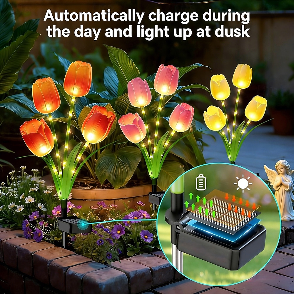 2 Pcs Outdoor Solar IP65 Waterproof 4-Head LED Tulip Stake Lights, Decorative Garden, Yard, Lawn, Pathway, Flower Bed, Villa Ambient Landscape Lighting 2026 - $30.99 –P2