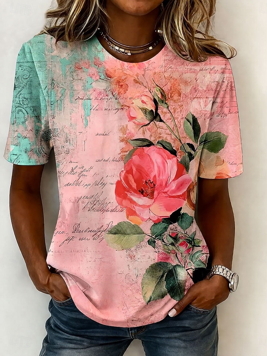 Per donna Maglietta Stampato Floreale Grafico Libellula Bohemien Hawaiano Elegante Manica Corta Girocollo Top Regolari Casuale Quotidiano Blu Giallo Rosa Viola Verde Estate Primavera del 2026 a $21.99 –P4